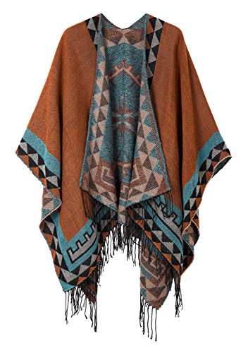 Urban CoCo Women's Printed Tassel Open front Poncho Cape Cardigan Wrap Shawl (Orange-series 5)