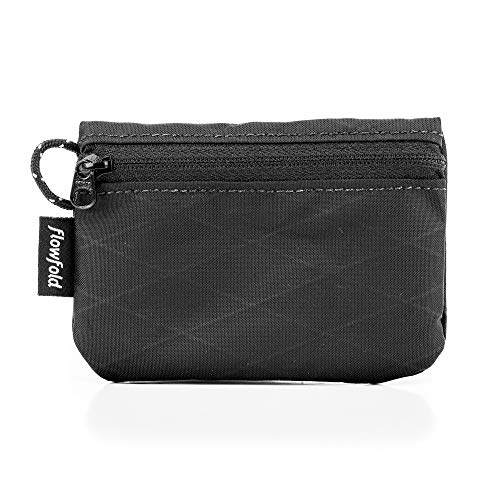 Flowfold Recycled Fabric Mini Zipper Pouch Water Repellent Small Pouch Wallet & Card Pouch for Keys, ID, Coins & AirPods Case Made in USA (Black, Recycled Material)