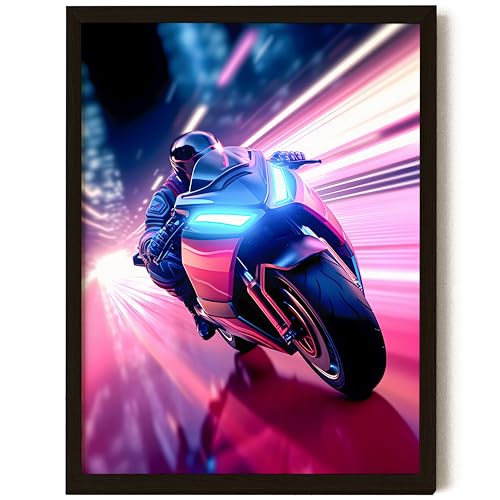 EXCOOL CLUB Motorcycle Wall Art - 12x16 Trippy Motorcycle Poster, Motocross Racing Art Prints, Colorful Sport Bike Pictures Speed Racer Artwork, Vintage Motorbike Decorations for Bedroom (UNFRAMED)