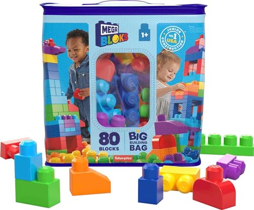 MEGA BLOKS First Builders Toddler Blocks Toys Set, Big Building Bag with 80 Pieces and Storage, Blue, Ages 1+ Years
