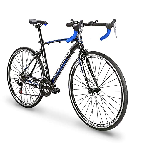 PanAme 21 Speed Road Bike with Light Aluminum Alloy Frame, 700C Wheel Commuter Bicycle with Dual V Brakes, 26” Faster Racing Bike for Men and Women, Triathlon Bike for Adult (FT-Blue)