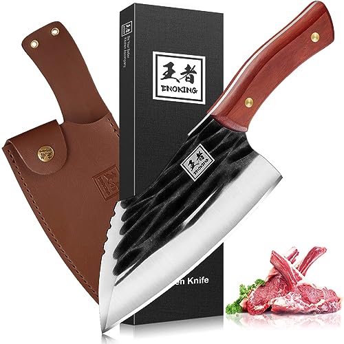 ENOKING Meat Cleaver, 7.1 Inch Cleaver Knife Butcher Knife, Hand Forged Chinese Cleaver with Genuine Leather Sheath, Ultra Sharp Full Tang Meat Knife for Home Kitchen & Outdoor
