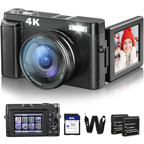 4K Digital Camera for Photography and Video, 48MP Vlogging Camera with SD Card Autofocus Anti-Shake, 3'' 180° Flip Screen Digital Camera with Flash 16X Zoom, Compact Camera for Travel (2 Batteries)