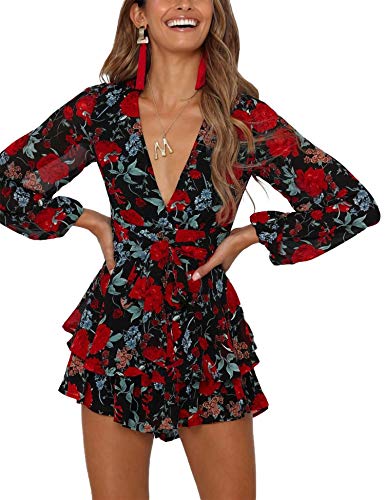 Bonkwa Women's Summer Deep V-Neck Floral Print Romper Long Baggy Sleeves Double Layer Ruffle Hem Short Jumpsuits with Belt