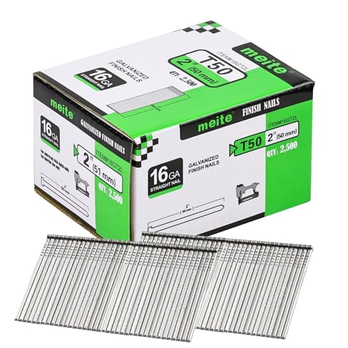 meite 16 Gauge Finish Nails, 2-Inch 16GA Straight Finish Nails Galvanized Finishing Nails for Electric or Pneumatic Nailer Guns (2,500 Counts)