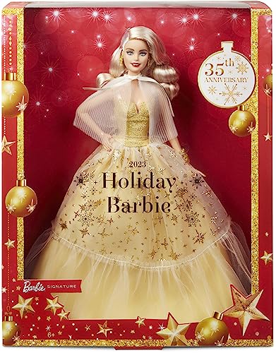 Barbie Signature Doll, 2023 Holiday Collectible with Golden Gown & Blonde Hair, Doll Stand & Displayable Packaging