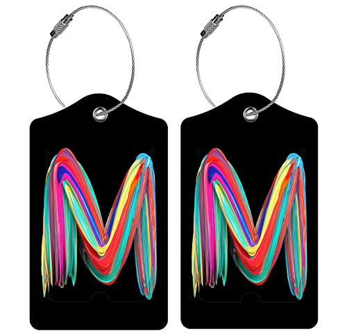 2 Pack Initial Luggage Tag for Suitcase, Colored Letter Unique Leather Bag Tags Identifiers Privacy Cover ID Label with Durable Steel Loop for Women Men Kids Girls Travel, Letter M