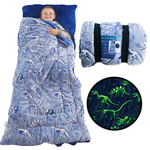 Glow-in-the-Dark Dinosaur Sleeping Bag for Kids - Plush T-Rex, Luminescent Blue, 66 x 30 inches