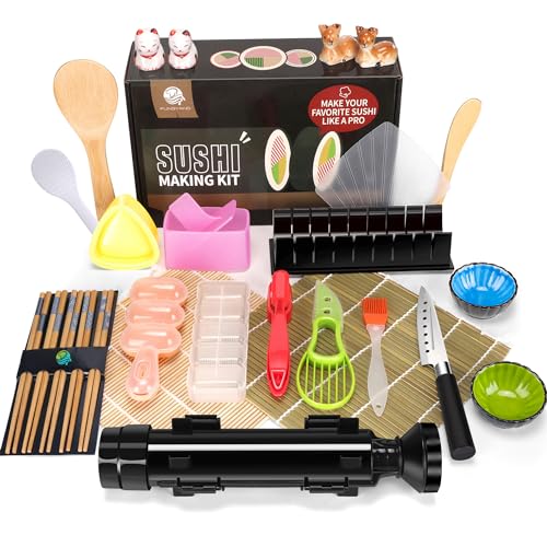 FUNGYAND Sushi Making Kit - 27 Piece Professional Sushi Maker Set with Bazooka Roller, Bamboo Mats, Sushi Knife, Ceramic Dishes, and More - Perfect DIY Sushi Gift