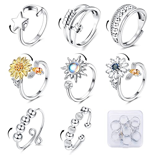 Sanfenly 8Pcs Anxiety Ring for Women Spinner Ring Adjustable Open Fidget Rings for Anxiety Cubic Zirconia Sunflower Daisy Star Moon Bead Stress Relief Spinning Stackable Ring Set with Box