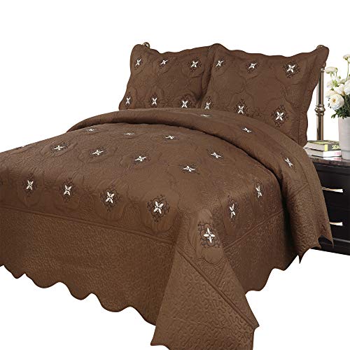 MarCielo 3-Piece Fully Quilted Embroidery Quilts Bedspreads Bed Coverlets Cover Set, Cal King Size Coffee Emma(Oversize, Brown)