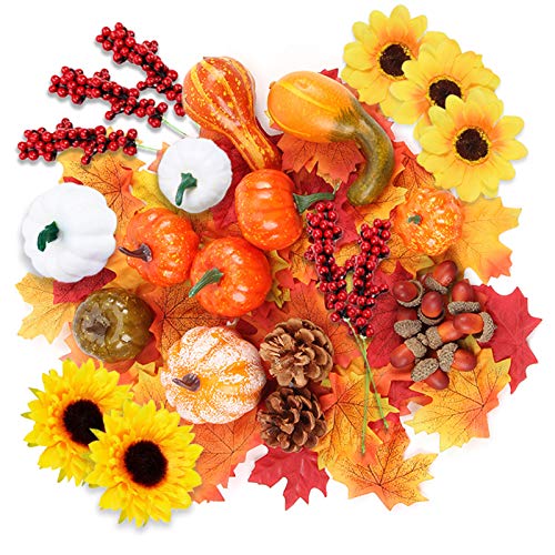 96Pcs Halloween Artificial Pumpkin and Gourd Maple Leaf Sunflower Red Fruit Pine Cone Acorn Harvest Mixed Small Fake Pumpkin Thanksgiving Halloween Party Decoration