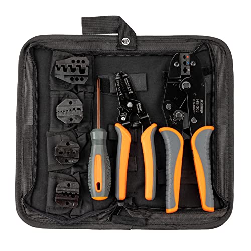 iCrimp Ratchet Wire Crimping Tool Set w/ 5 Interchangeable Jaws for Insulated and Non-Insulated Terminals AWG20-2, Wire Stripper included