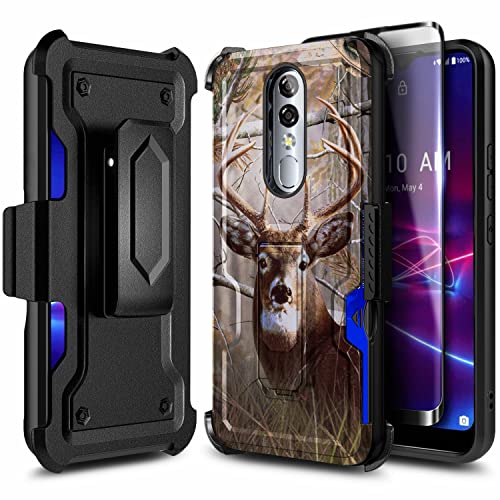 NZND Case for Coolpad Legacy Brisa (2020) CP3706AS with Tempered Glass Screen Protector (Maximum Coverage), Full-Body Protective Heavy Duty Shockproof Armor Case with Belt Clip Holster (Deer)