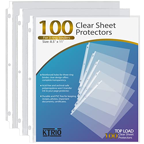 KTRIO Sheet Protectors 8.5 x 11 inch Clear Page Protectors for 3 Ring Binder, Plastic Sleeves for Binders, Top Loading Paper Protector Letter Size, 100 Pack