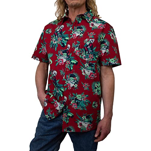 STAR WARS Men's The Mandalorian Grogu and Din Djarin Retro Hawaiian Print Button Down Shirt - Red - 2X Large