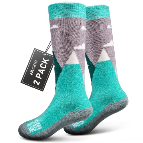 OutdoorMaster Kids Ski Socks - Merino Wool Blend, Over the Calf Design (S, Green - 2)