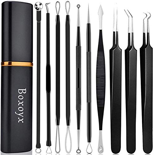 Pimple Popper Tool Kit - Boxoyx 10 Pcs Blackhead Remover Comedone Extractor Kit with box for Quick and Easy Removal of Pimples, Blackheads, Zit Removing, Forehead,Facial and Nose (Black)