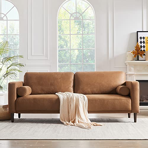 HIFIT Sofa Couches, 79” Mid-Century Modern Couch, Breathable Faux Leather Couch with Upholstered Cushions/Pillows, 3-Seat Sofas & Couches, for Living Room Apartment Office, Brown