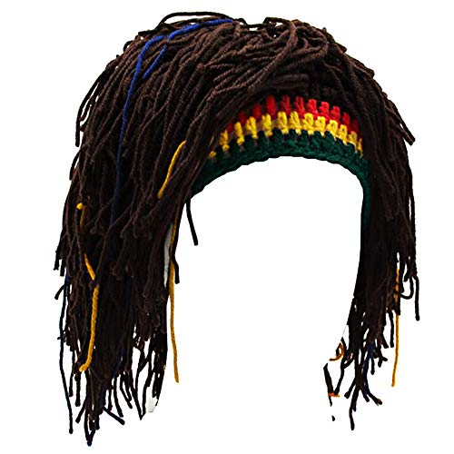 Kirmoo Knit Rasta Beanie Hats for Men Funny Winter Hats for Adults Jamaican Hat with Dreadlocks Fake Dreads Wig (Brown Beanie)