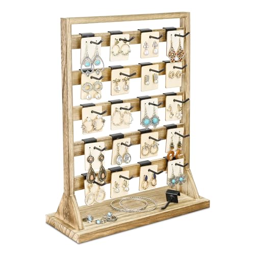Ikee Design Free Assemble Wooden Jewelry Display Rack with 20 Removable Metal Hooks, Earring Card Display Holder Stand for Earring Cards, Necklaces, Keychains, Keychain Display Stand, Oak Color