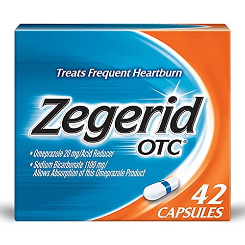 Zegerid OTC, Omeprazole 20mg + Sodium Bicarbonate, Heartburn Medicine, Acid Reducer, PPI, 24hr All Day Protection, 1 pack 42 Capsules