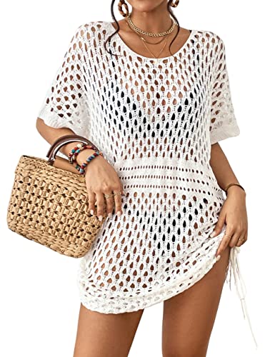 Bsubseach Women Crochet Swimsuit Cover Up Hollow Out Bikini Swimwear Beach Dress Knit Bathing Suit Cover Ups Summer Outfits White