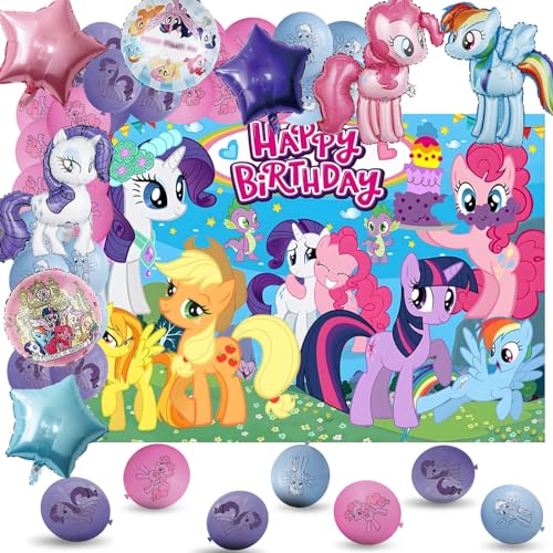 My Little P-ony Birthday Party Supplies-Set of Pentagram Aluminum Foil Balloons,Pony Foil Balloons,Round Aluminum Foil Balloons, and Latex Balloons