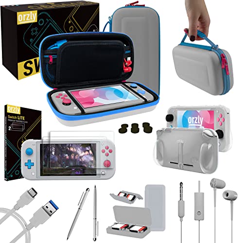 Orzly Switch Lite Accessories Bundle - Case & Screen Protector for Nintendo Switch Lite Console, USB Cable, Games Holder, Grip Case, Headphones, Thumb-Grip Pack & More (Gift Pack - Z&Z Edition)