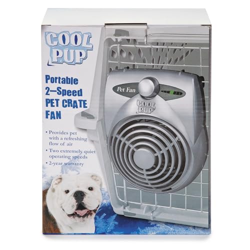 Cool Pup Crate Fan, 8x6.25x2.5” in Size – Quiet Battery Fan Keeps Dogs & Cats Cool with Built-in Thermometer, Silver