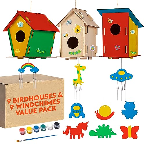 9 Wooden Birdhouses & 9 Wind Chimes -Art & Crafts for Kids Ages 4 5 6 7 8 - Kids Bulk Arts and Crafts Set with Painting Kit -DIY Wood Bird House and Windchimes Kits for Boys Girls to Build & Paint