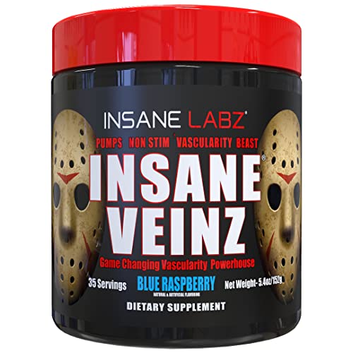 Insane Labz Insane Veinz Non Stimulant NO Enhancing Powder, Nitric Oxide Booster, Loaded with Agmatine Sulfate and Betaine Anhydrous, Increase Vascularity, 35 Srvgs, Blue Raspberry