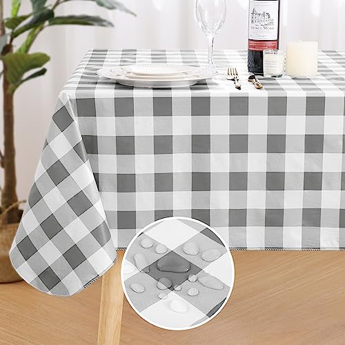 misaya Rectangle Waterproof Vinyl Table Cloth, Buffalo Flannel Backed Tablecloth, Wipeable Plastic Table Cover for Dinner, Kitchen, Outdoor (60' x 84', Grey and White)