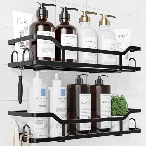 Kitsure Shower Caddy Extra Large - Adhesive Shower Organizer, Stainless Steel Shower Shelf for Inside Shower, No Drill Bathroom Organizers and Storage, Home Decor Accessories, 2 Pack, Black