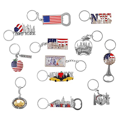 12 Pack NYC Silver Souvenir Collection New York Metal Keychain Ring Bundle Bulk Includes 3pc Bottle Opener, Empire State, Freedom Tower, Statue Of Liberty USA Flag,NY Cab, Apple, And More.… (silver)