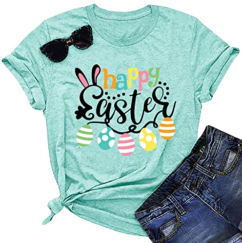 YI XIANG RAN Happy Easter Shirts for Women Easter Bunny T-Shirt Rabbit Graphic Tees Easter Egg Holiday Shirt Tops (Green, Medium)