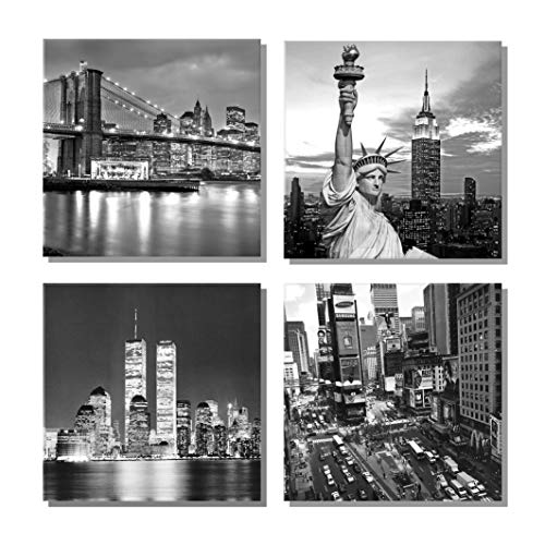 New York City Canvas Art Black and White Brooklyn Bridge Statue of Liberty Empire State Building Contemporary Decorations for Living Room Office Bedroom Home Decor(12'x 12'x 4pcs Framed)