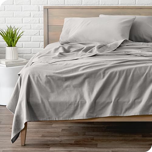 Bare Home Flannel Sheet Set 100% Cotton, Velvety Soft Heavyweight - Double Brushed Flannel - Deep Pocket (Queen, Light Grey)