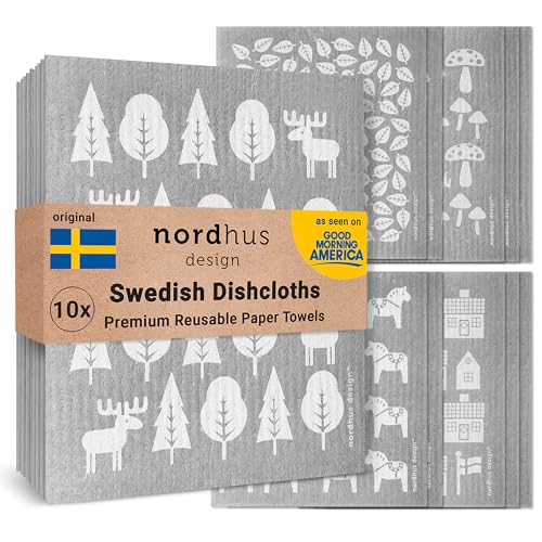 Nordhus Design Swedish Dishcloths,10 Grey Cloths, Made in Sweden - Reusable, Washable Cellulose Cotton Kitchen Cloths - Replace Paper Towels, Wipes, Sponges, Dish Rags