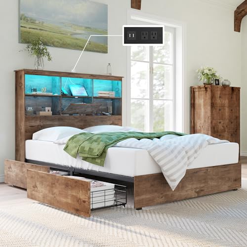AMERLIFE Queen Size Bed Frame Wooden Platform Bed with 51.2' LED Storage Bookcase Headboard, 4 Storage Drawers & Charging Station/No Box Spring Needed/Noise Free/Rustic Brown