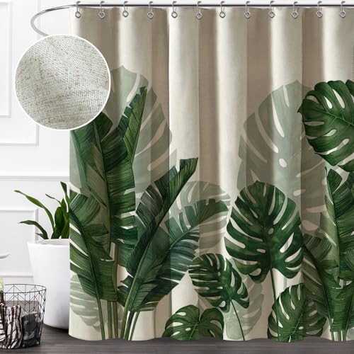 Baccessor Linen Shower Curtain Tropical Green Leaf Shower Curtains Botanical Banana Monstera Leaf Palm Tree Water Repellent Heavy Duty Fabric Cloth Shower Curtain for Bathtubs Hotel, 72x72 Inch