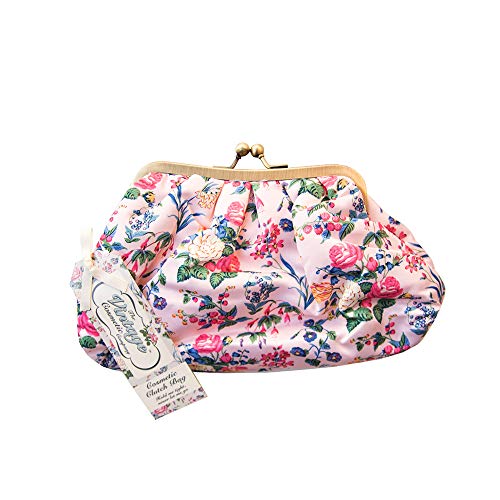 The Vintage Cosmetic Company | Cosmetic Clutch Bag | For Make-up, Tools, & Toiletries | Organize/Store Feminine Care Products | Use as a Handbag/Purse | Great for Travel | Pink Floral Satin