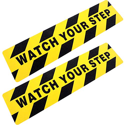 Watch Your Step Floor Decals Stickers 6 x 24 Inch Warning Sticker Adhesive Tape Anti Slip Abrasive Tape for Workplace Safety Wet Floor Caution (2 Pieces)