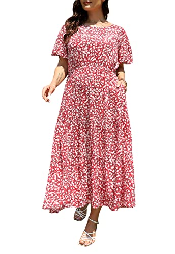 Nemidor Womens Plus Size Boho Ditsy Floral Print Casual Layered Flared Maxi Dress with Pocket NEM304(26,Red Print)