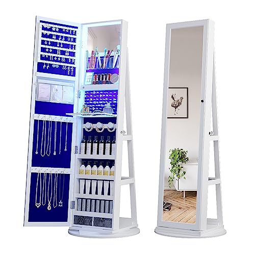 OUTDOOR DOIT 360° Rotating LED Jewelry Armoire with Lockable,Full Length Mirror Large Capacity 3 Color Dimmable Jewelry Organizer Armoire,Floor Standing Mirror with Back Storage Shelves for Bedroom