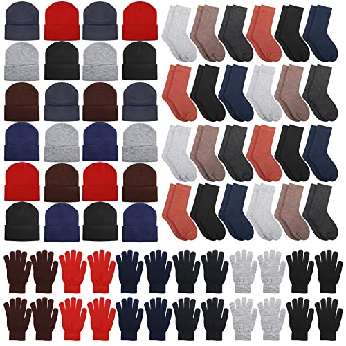 Hillban 72 Pcs Winter Beanie Hat Gloves Set with Warm Socks Bulk, Knitted Beanie Cap Thick Thermal Winter Gloves Socks Pack (Classic Colors)