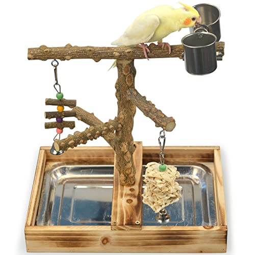 LIMIO Natural Wood Bird Toys Playground, Bird Cage Accessories, Bird Perches, with Removable Tray and 2 Stainless Steel Cups