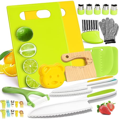 28PCS Toddler Knife Set - Kids Knifes for Real Cooking, Kids Kitchen Knife Set with Gloves Cutting Board Crinkle Cutters Kid Safe Knives, Toddlers Kitchen Tools for Age 2-10 Year Old Girl Boy