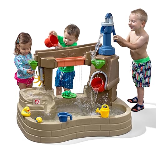 Step 2 Pump & Splash Discovery Pond Water Table, Outdoor Kids Water Sensory Table Pool, Ages 2+ Years Old, 10 Piece Water Toy Accessories, Brown