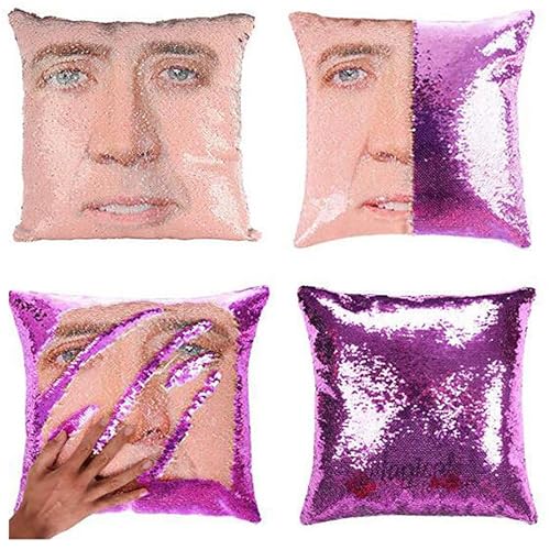 HOILUEYO Nicolas Cage Pillow Covers Sequin Pillow Cases Funny Gag Gifts Reversible Sequin Pillow Cover Decorative Throw Cushion Case 16 x 16 Inches (Purple)